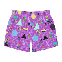 Load image into Gallery viewer, 80's BBs All Over Print Purple Swim Trunks
