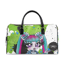 Load image into Gallery viewer, Vegan Leather Travel Bag — Kawaii Goth Tootsie Doll Print Duffel