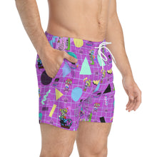 Load image into Gallery viewer, 80's BBs All Over Print Purple Swim Trunks