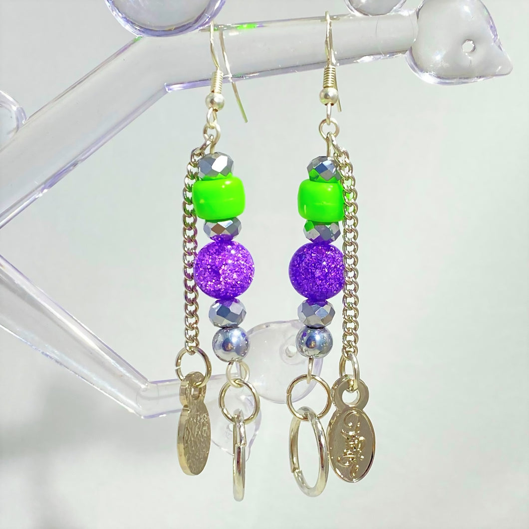 Timoi Logo Earrings with Purple and Lime Green