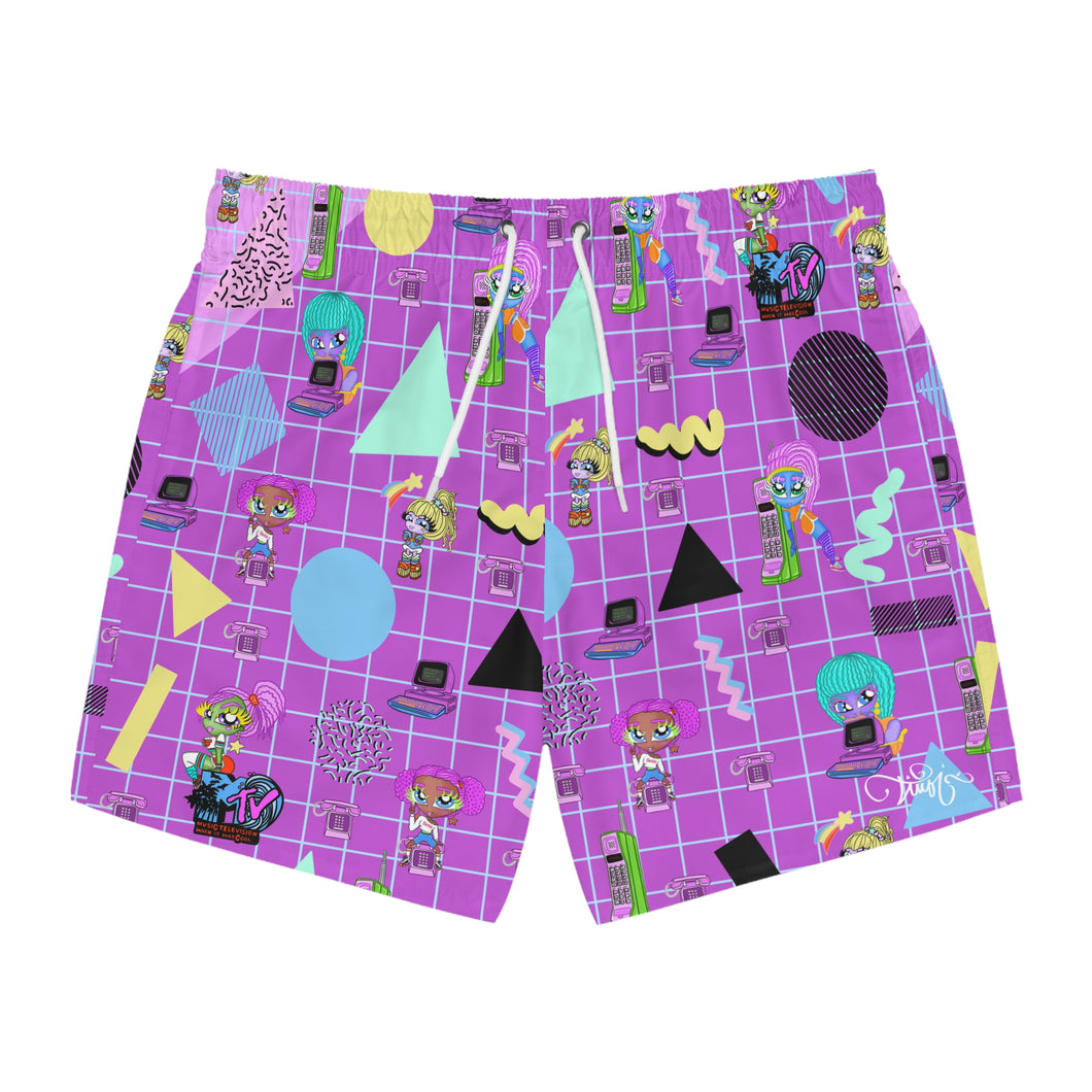 80's BBs All Over Print Purple Swim Trunks