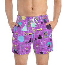 Load image into Gallery viewer, 80&#39;s BBs All Over Print Purple Swim Trunks

